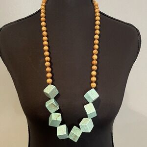 BELJOY Wood and Turquoise Cube Statement Necklace NWT